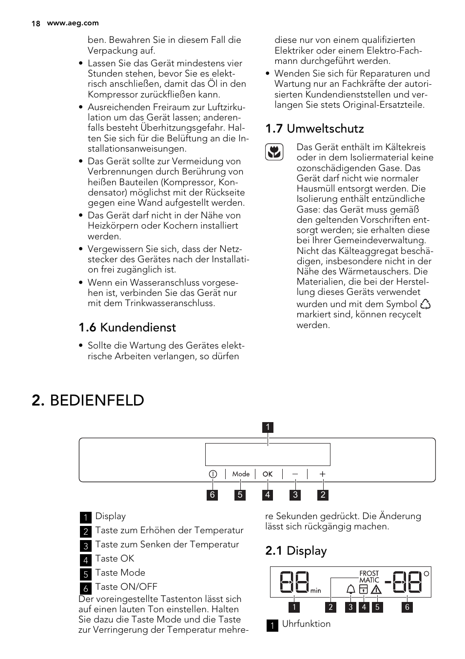 Bedienfeld, 6 kundendienst, 7 umweltschutz | 1 display | AEG AGN81800F0 User Manual | Page 18 / 44