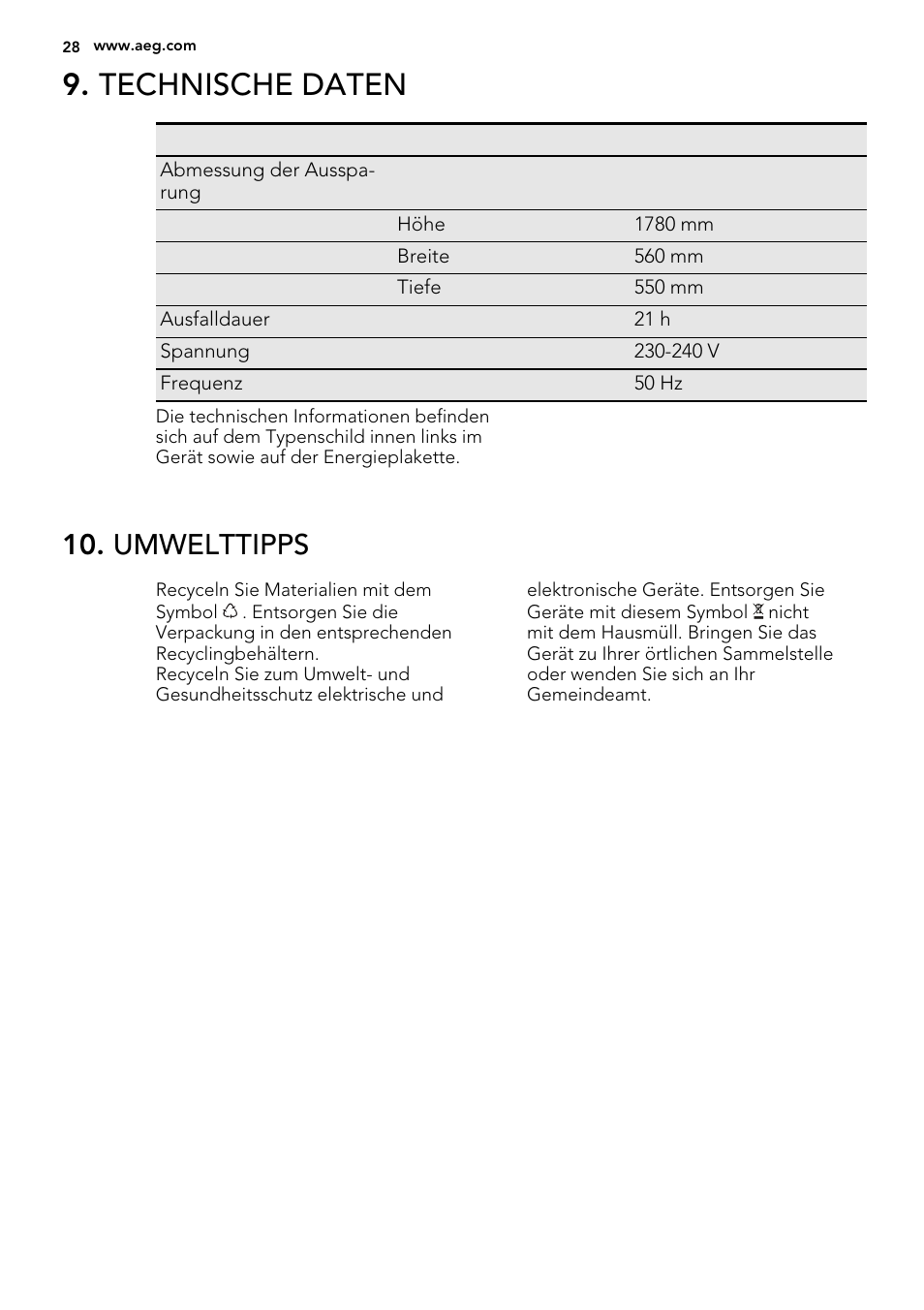 Technische daten, Umwelttipps | AEG AGN81800F0 User Manual | Page 28 / 44