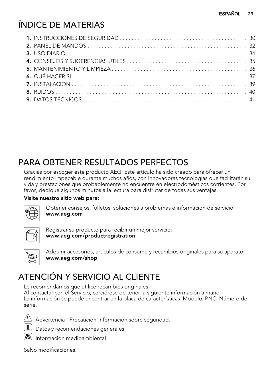 Índice de materias, Para obtener resultados perfectos, Atención y servicio al cliente | AEG AGN81800F0 User Manual | Page 29 / 44