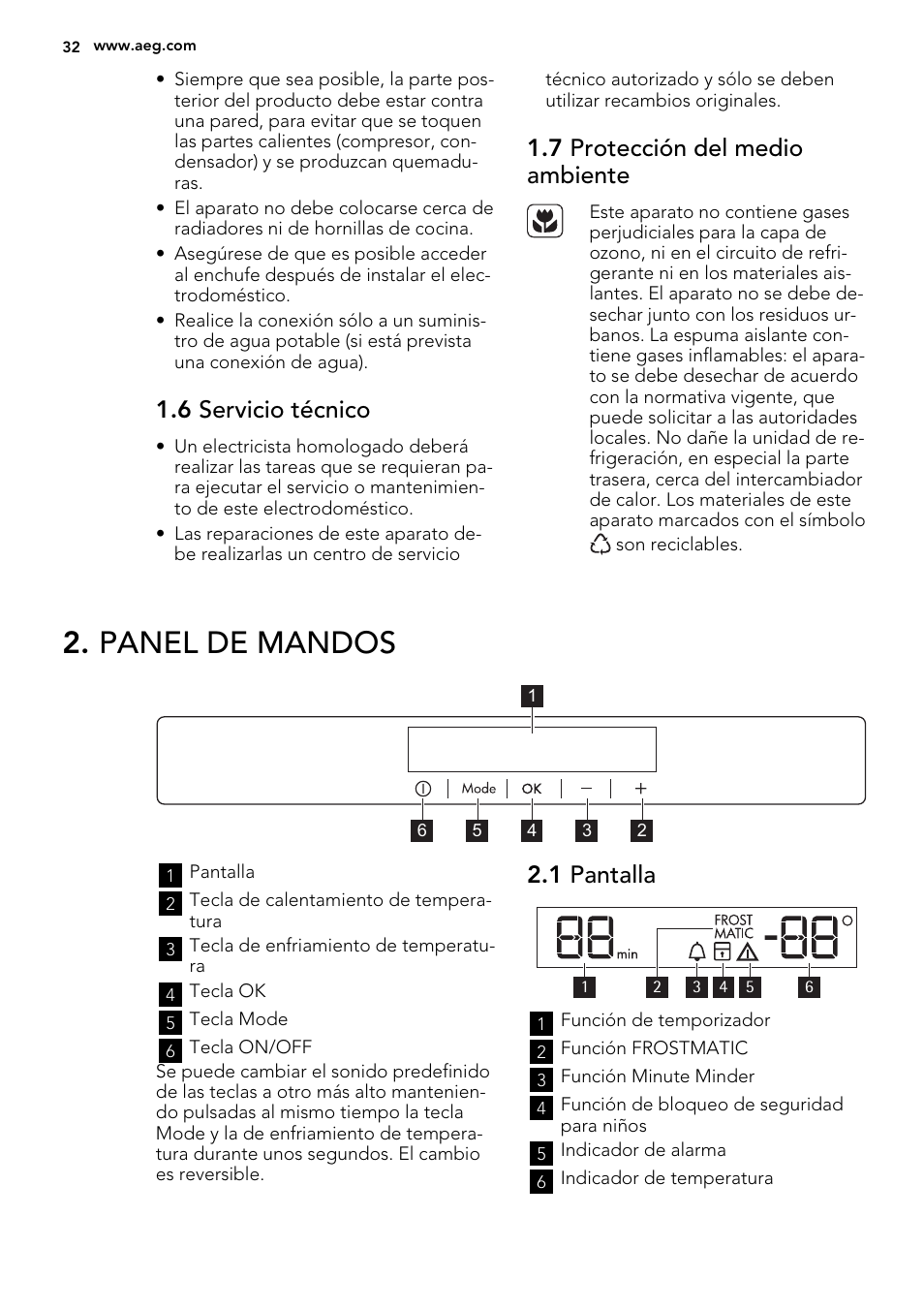 Panel de mandos, 6 servicio técnico, 7 protección del medio ambiente | 1 pantalla | AEG AGN81800F0 User Manual | Page 32 / 44