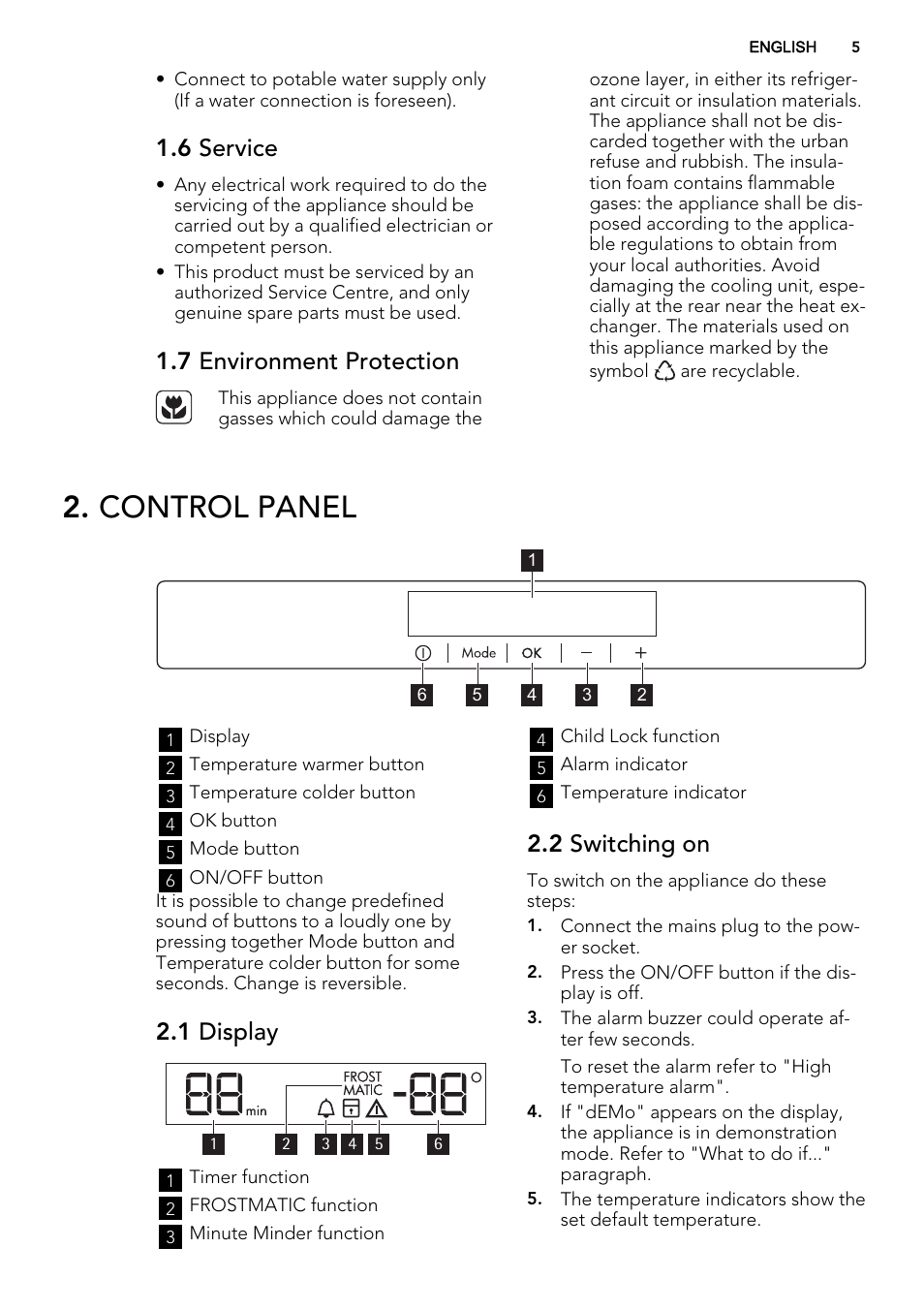 Control panel, 6 service, 7 environment protection | 1 display, 2 switching on | AEG AGN81800F0 User Manual | Page 5 / 44