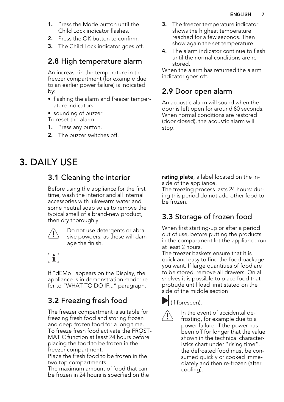 Daily use, 8 high temperature alarm, 9 door open alarm | 1 cleaning the interior, 2 freezing fresh food, 3 storage of frozen food | AEG AGN81800F0 User Manual | Page 7 / 44