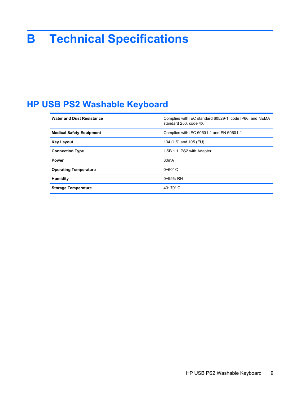 Technical specifications, Hp usb ps2 washable keyboard, Appendix b technical specifications | Btechnical specifications | HP Compaq 8000 Elite Ultra-Slim-PC User Manual | Page 15 / 20