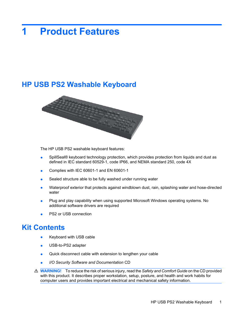 Product features, Hp usb ps2 washable keyboard, Kit contents | 1 product features, Hp usb ps2 washable keyboard kit contents, 1product features | HP Compaq 8000 Elite Ultra-Slim-PC User Manual | Page 7 / 20