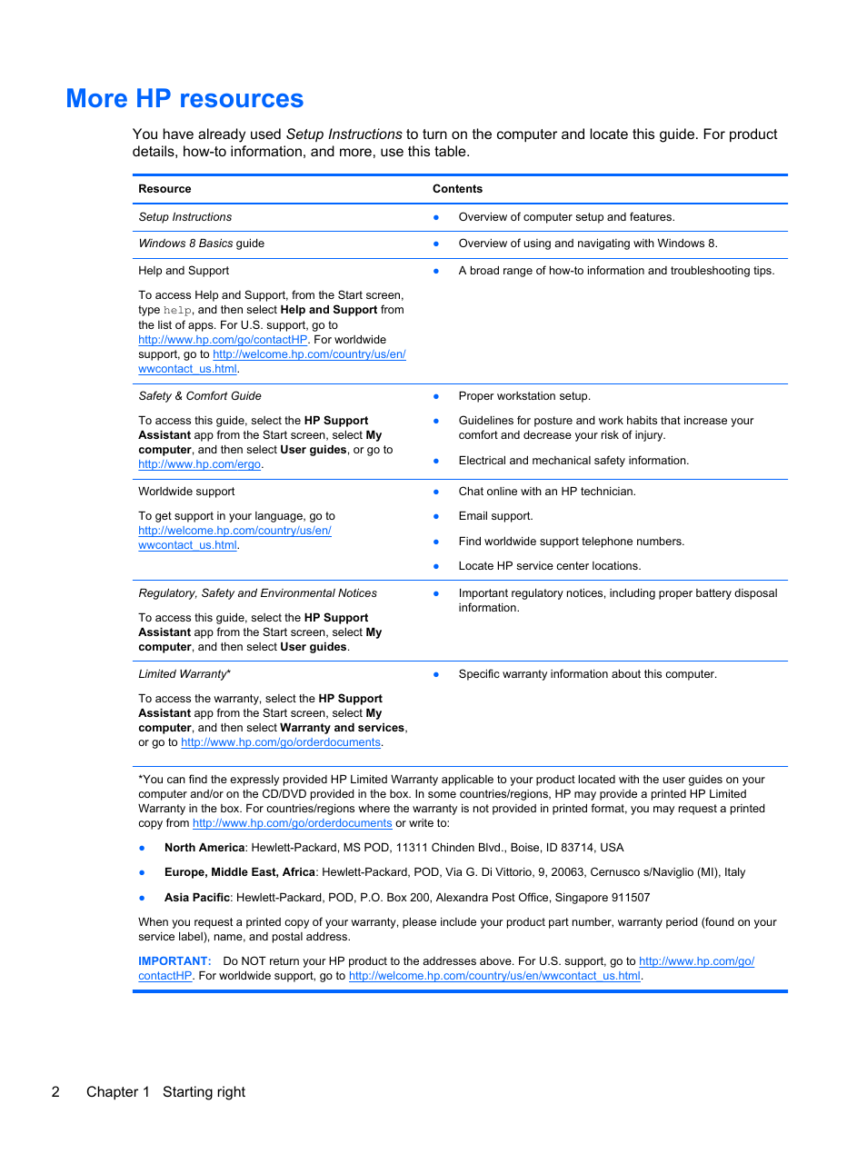 More hp resources, 2chapter 1 starting right | HP 455 Notebook-PC User Manual | Page 10 / 83