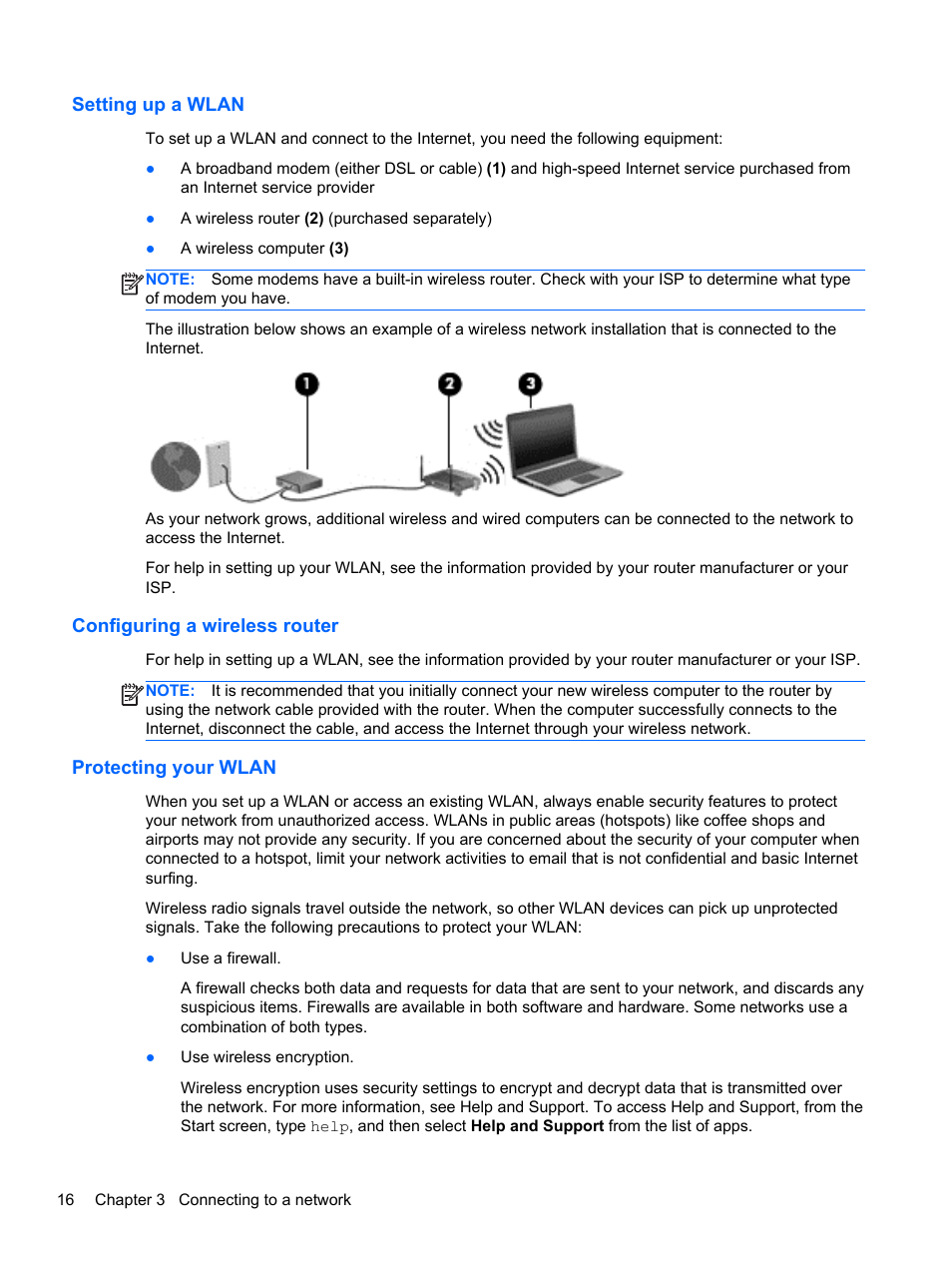 Setting up a wlan, Configuring a wireless router, Protecting your wlan | HP 455 Notebook-PC User Manual | Page 24 / 83