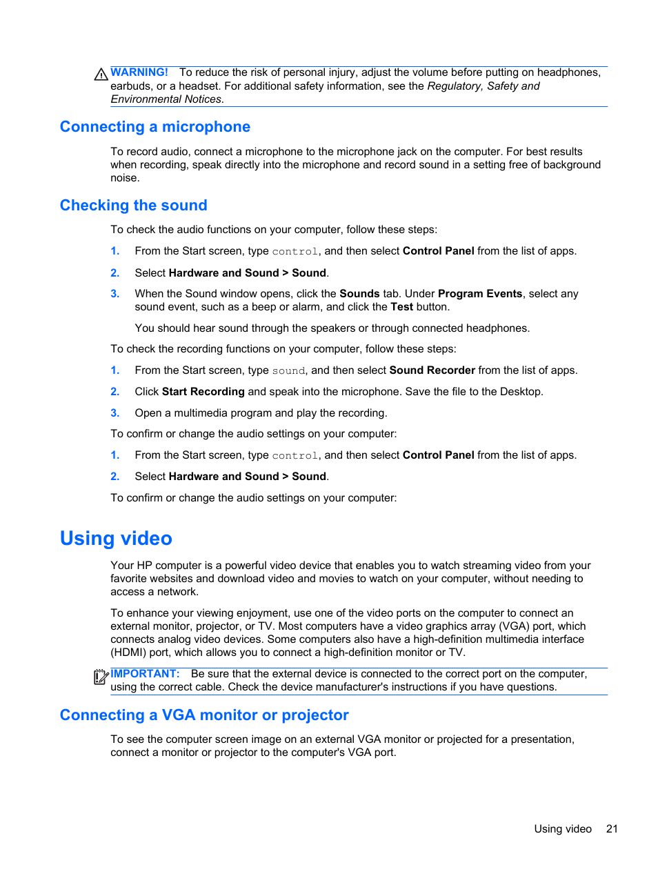 Connecting a microphone, Checking the sound, Using video | Connecting a vga monitor or projector, Connecting a microphone checking the sound, Connecting a vga | HP 455 Notebook-PC User Manual | Page 29 / 83