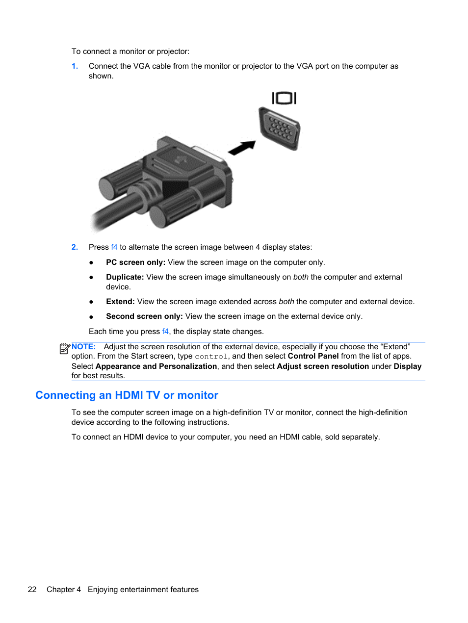 Connecting an hdmi tv or monitor | HP 455 Notebook-PC User Manual | Page 30 / 83