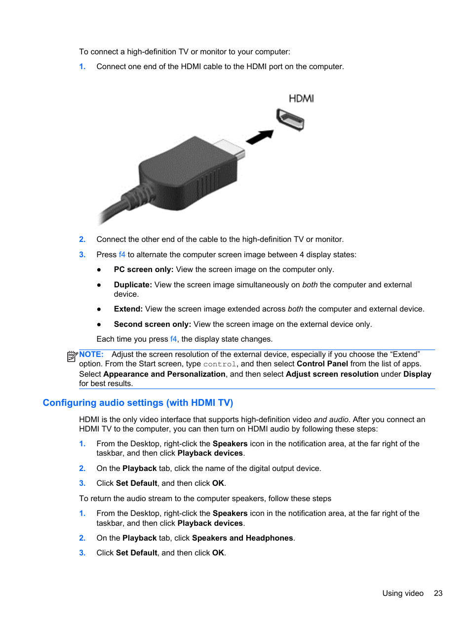 Configuring audio settings (with hdmi tv) | HP 455 Notebook-PC User Manual | Page 31 / 83