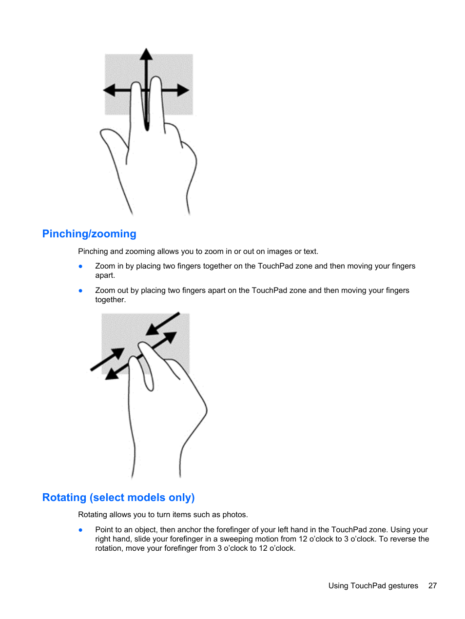 Pinching/zooming, Rotating (select models only), Pinching/zooming rotating (select models only) | HP 455 Notebook-PC User Manual | Page 35 / 83