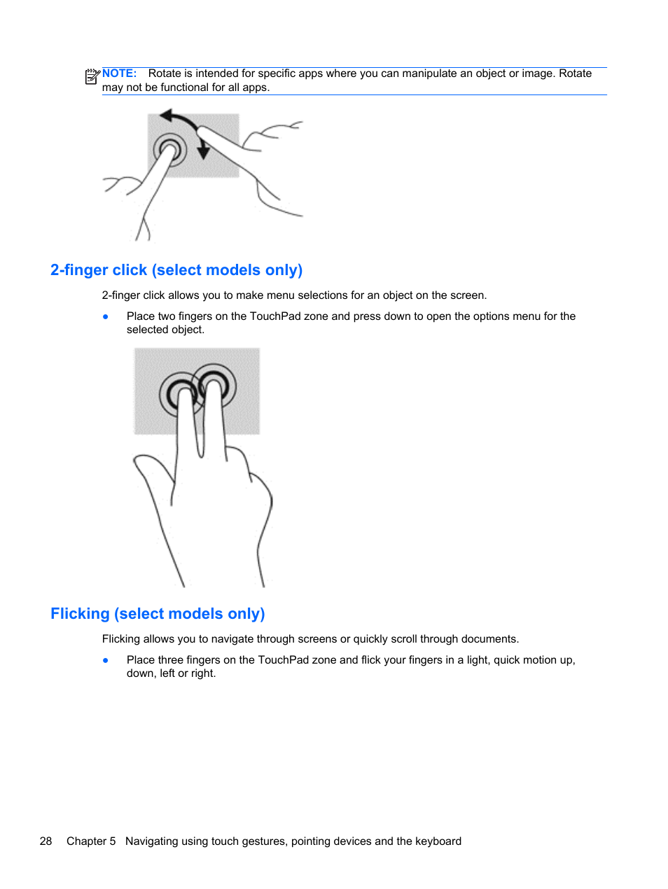 Finger click (select models only), Flicking (select models only) | HP 455 Notebook-PC User Manual | Page 36 / 83