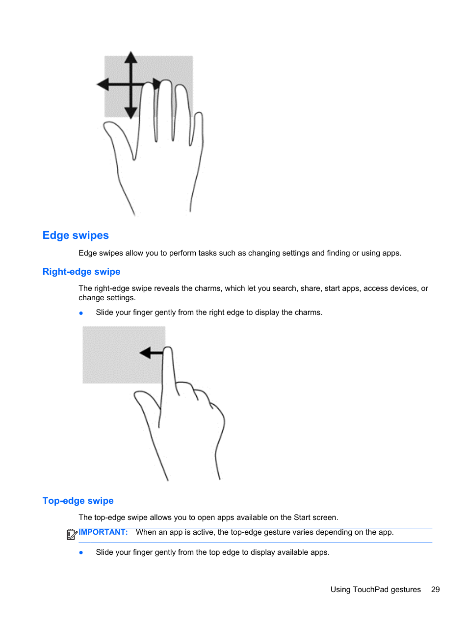 Edge swipes, Right-edge swipe, Top-edge swipe | Right-edge swipe top-edge swipe | HP 455 Notebook-PC User Manual | Page 37 / 83