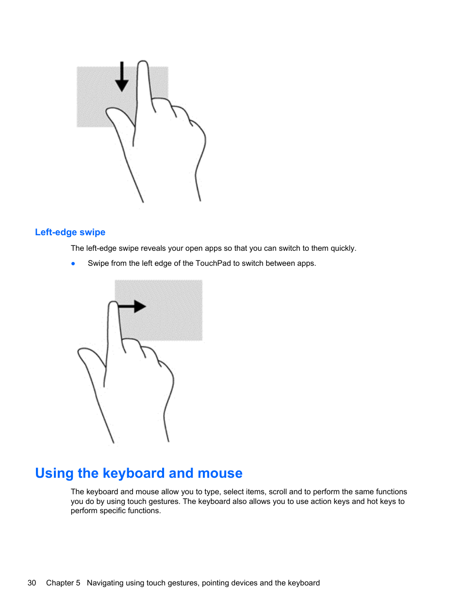 Left-edge swipe, Using the keyboard and mouse | HP 455 Notebook-PC User Manual | Page 38 / 83