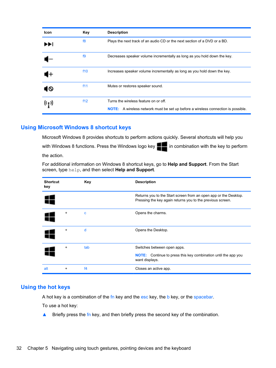 Using microsoft windows 8 shortcut keys, Using the hot keys | HP 455 Notebook-PC User Manual | Page 40 / 83