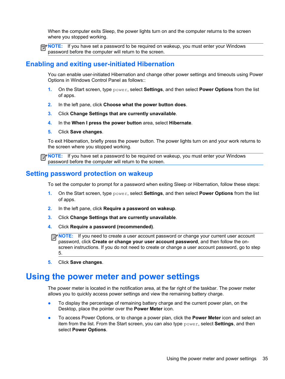 Enabling and exiting user-initiated hibernation, Setting password protection on wakeup, Using the power meter and power settings | Enabling and exiting user-initiated | HP 455 Notebook-PC User Manual | Page 43 / 83
