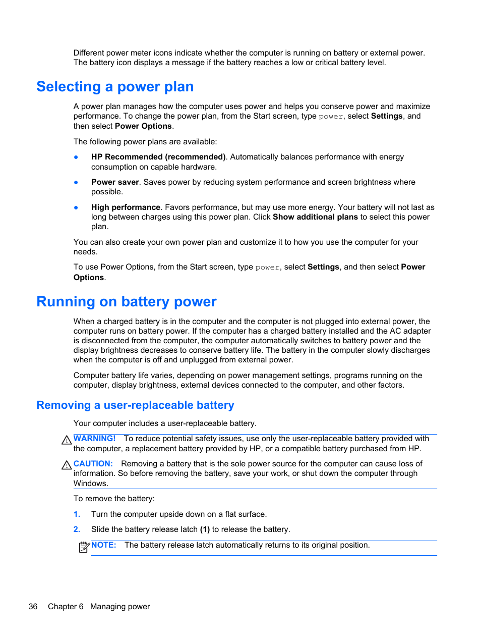 Selecting a power plan, Running on battery power, Removing a user-replaceable battery | Selecting a power plan running on battery power | HP 455 Notebook-PC User Manual | Page 44 / 83