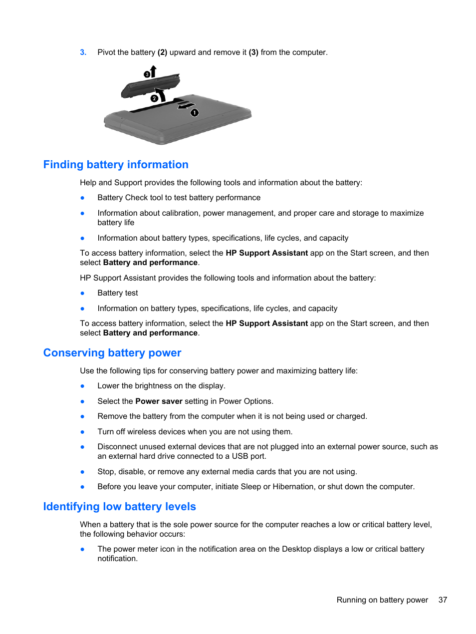 Finding battery information, Conserving battery power, Identifying low battery levels | HP 455 Notebook-PC User Manual | Page 45 / 83
