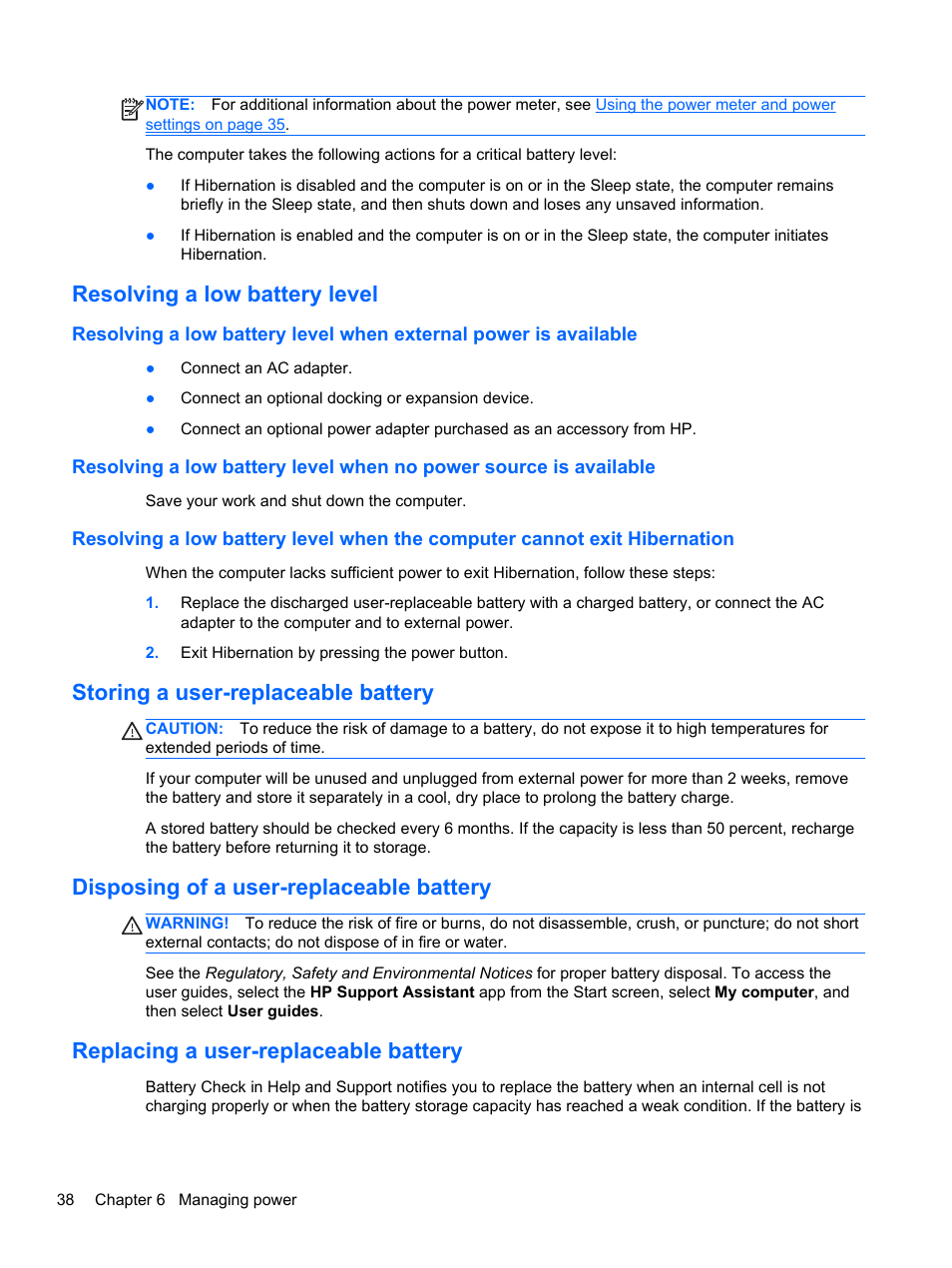 Resolving a low battery level, Storing a user-replaceable battery, Disposing of a user-replaceable battery | Replacing a user-replaceable battery | HP 455 Notebook-PC User Manual | Page 46 / 83