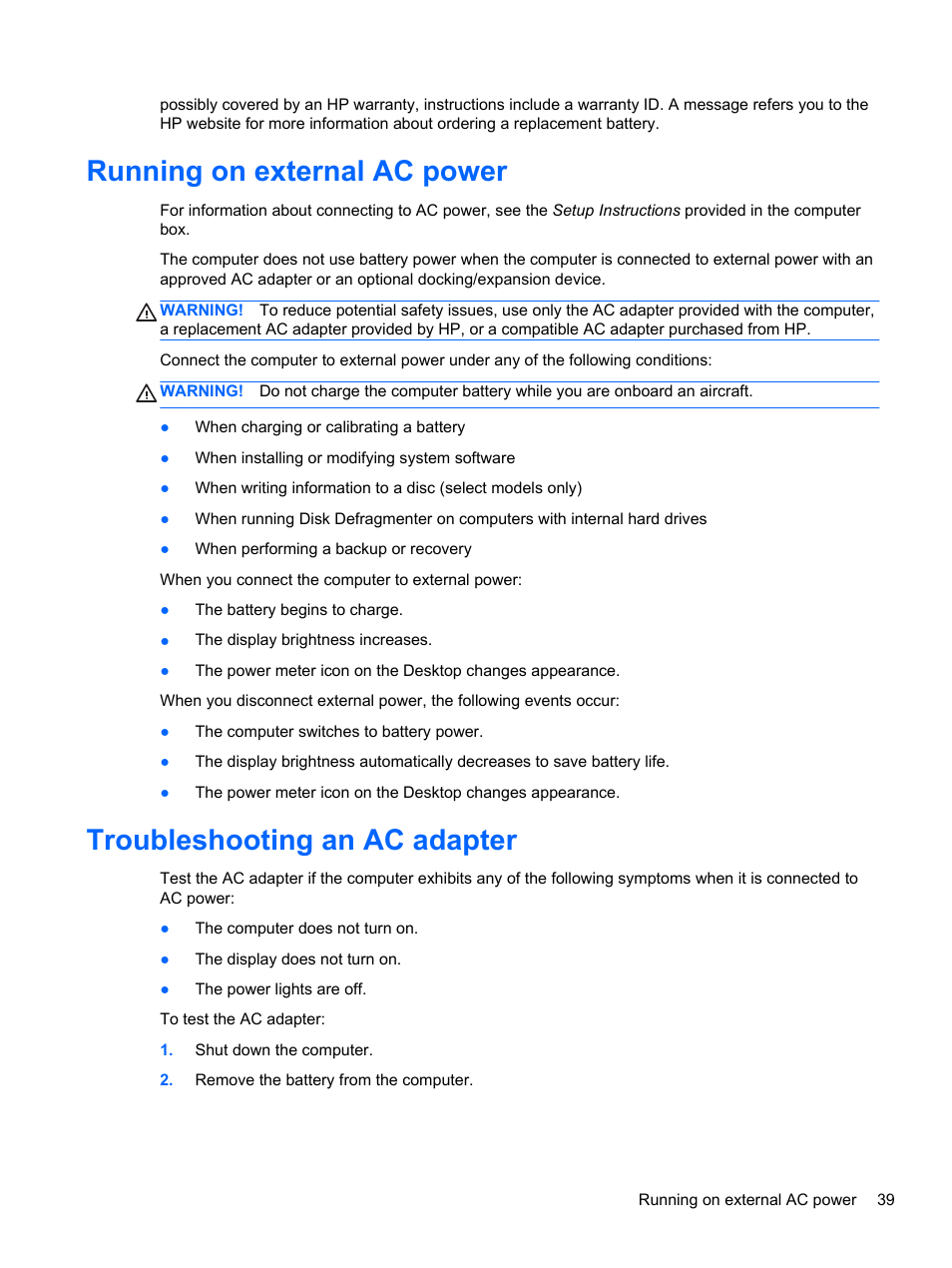 Running on external ac power, Troubleshooting an ac adapter | HP 455 Notebook-PC User Manual | Page 47 / 83