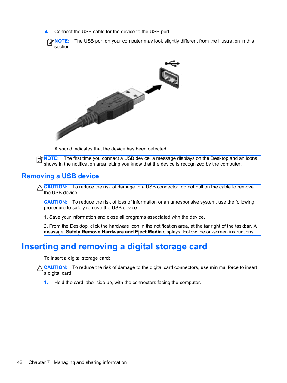 Removing a usb device, Inserting and removing a digital storage card | HP 455 Notebook-PC User Manual | Page 50 / 83