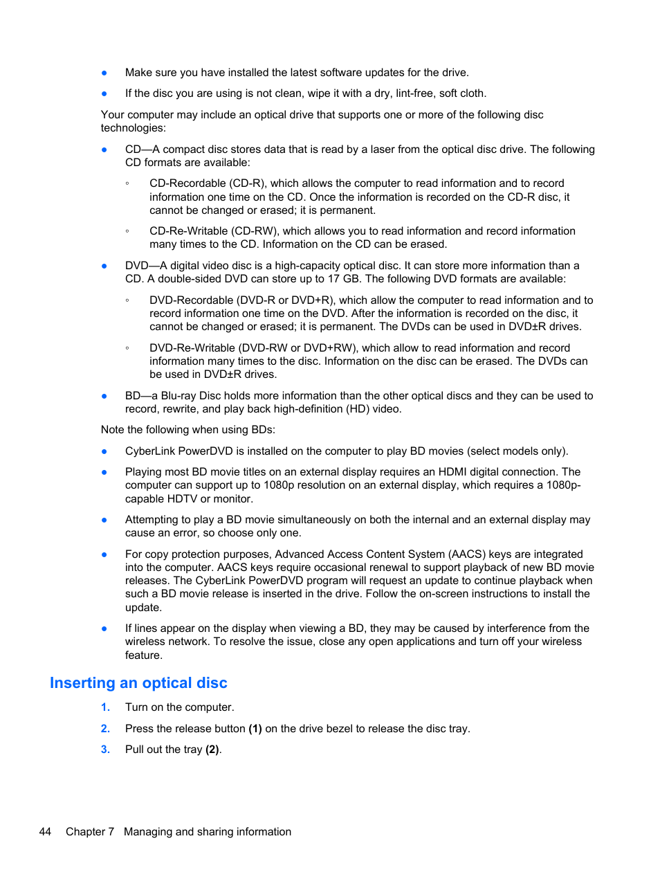 Inserting an optical disc | HP 455 Notebook-PC User Manual | Page 52 / 83