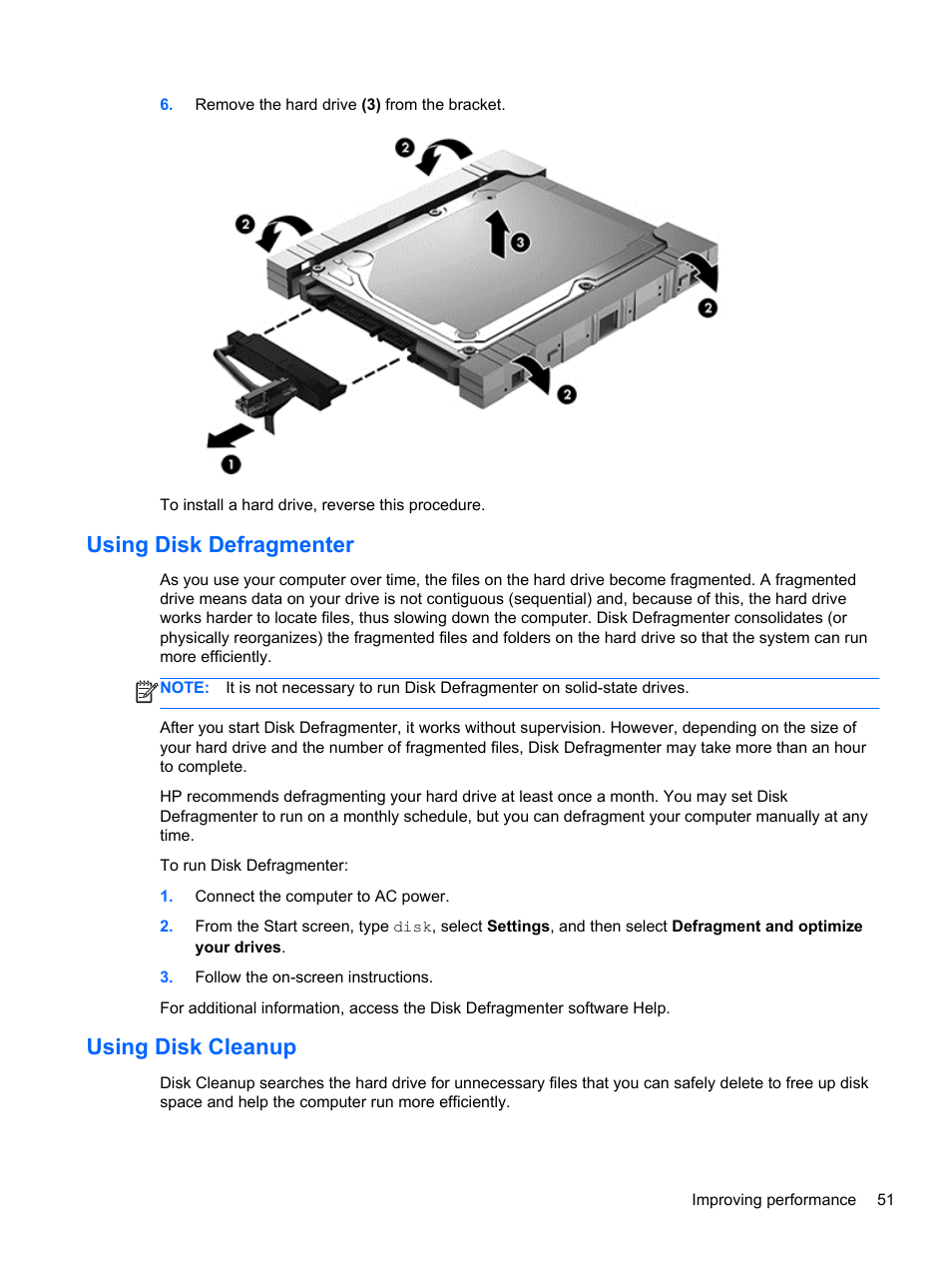 Using disk defragmenter, Using disk cleanup, Using disk defragmenter using disk cleanup | HP 455 Notebook-PC User Manual | Page 59 / 83