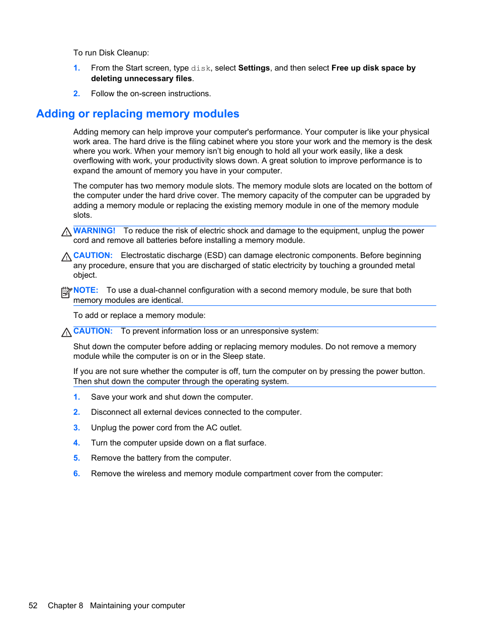 Adding or replacing memory modules | HP 455 Notebook-PC User Manual | Page 60 / 83