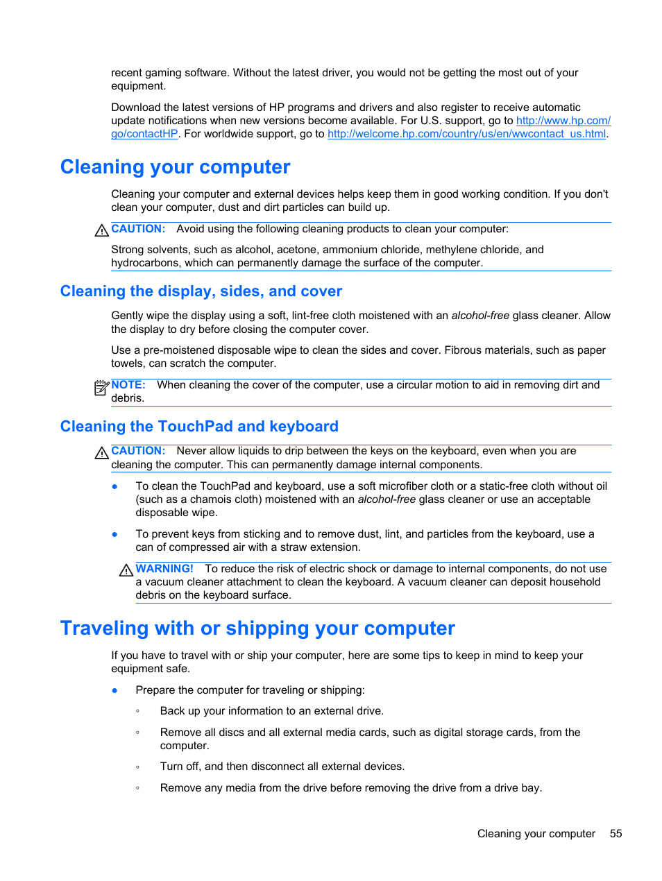 Cleaning your computer, Cleaning the display, sides, and cover, Cleaning the touchpad and keyboard | Traveling with or shipping your computer | HP 455 Notebook-PC User Manual | Page 63 / 83
