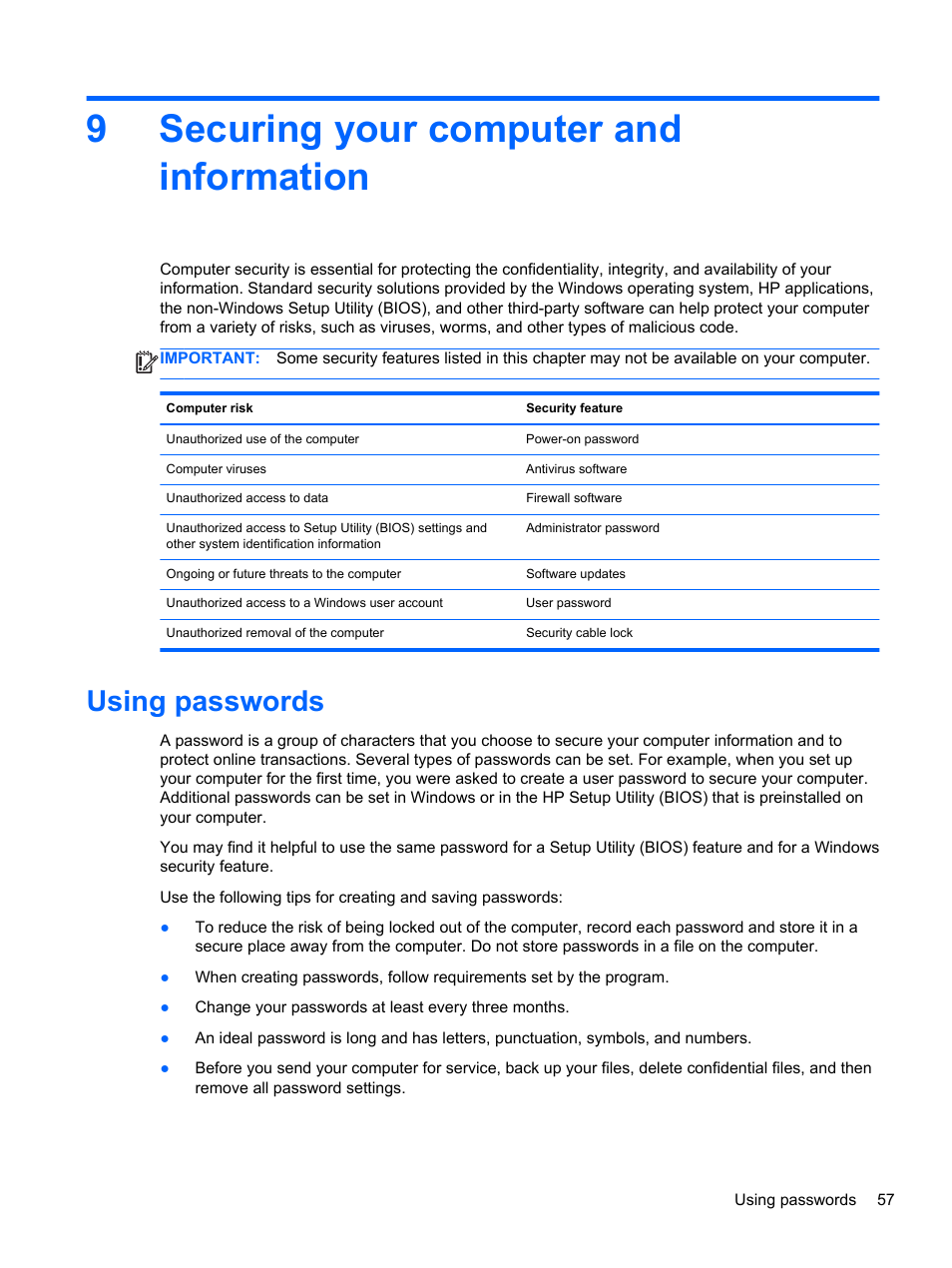 Securing your computer and information, Using passwords, 9 securing your computer and information | 9securing your computer and information | HP 455 Notebook-PC User Manual | Page 65 / 83