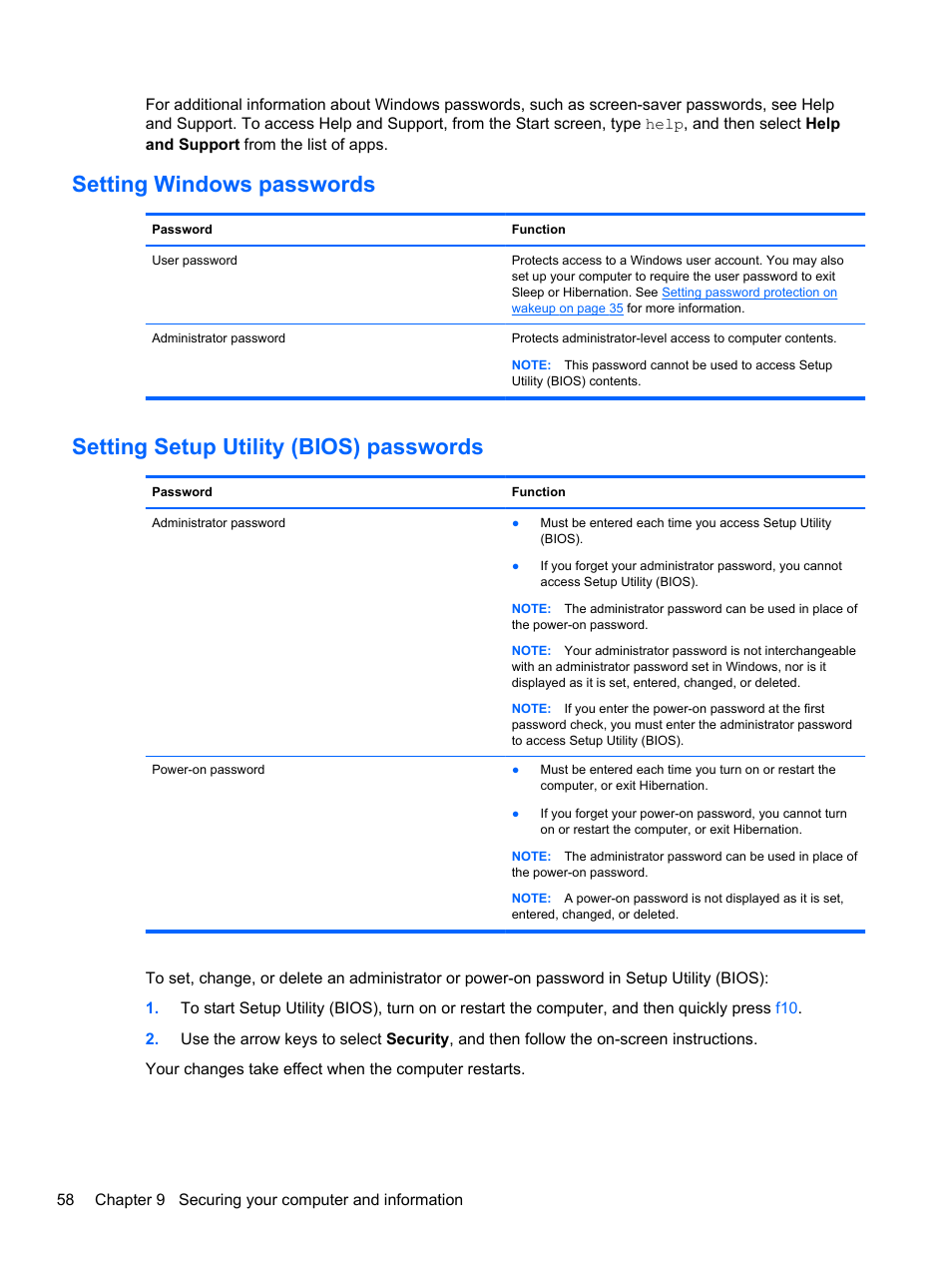 Setting windows passwords, Setting setup utility (bios) passwords | HP 455 Notebook-PC User Manual | Page 66 / 83