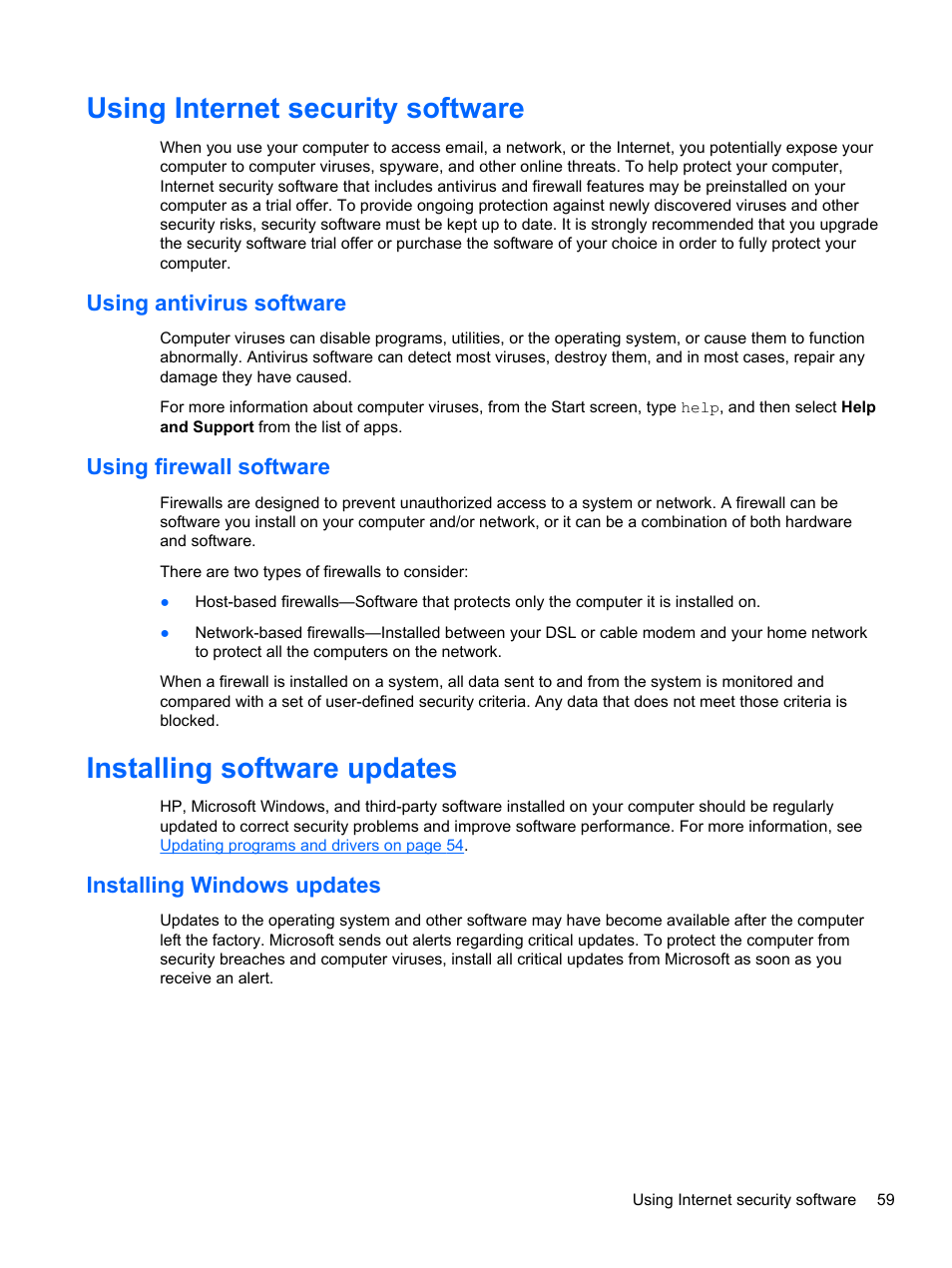 Using internet security software, Using antivirus software, Using firewall software | Installing software updates, Installing windows updates, Using antivirus software using firewall software | HP 455 Notebook-PC User Manual | Page 67 / 83