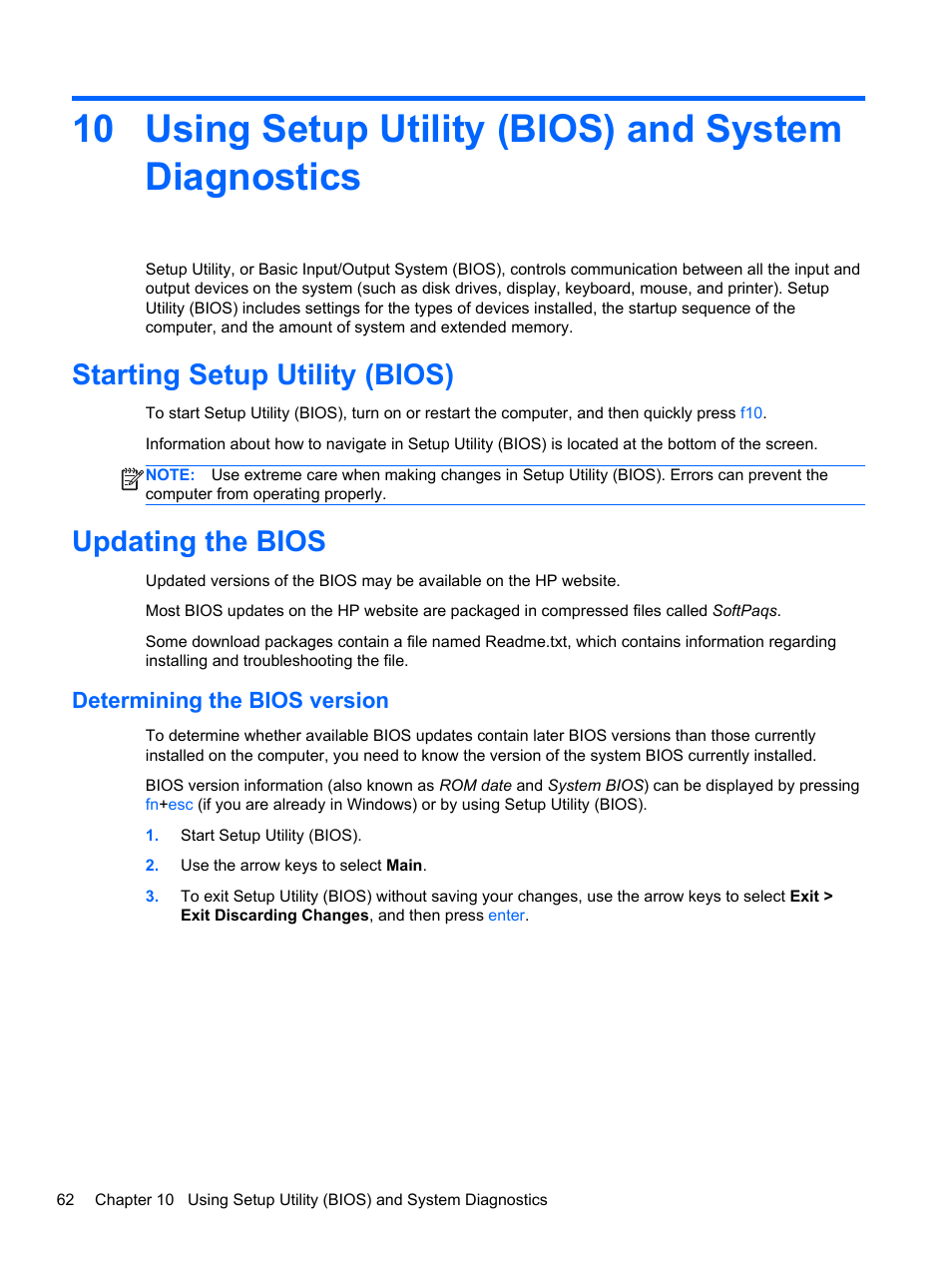 Using setup utility (bios) and system diagnostics, Starting setup utility (bios), Updating the bios | Determining the bios version, Starting setup utility (bios) updating the bios | HP 455 Notebook-PC User Manual | Page 70 / 83