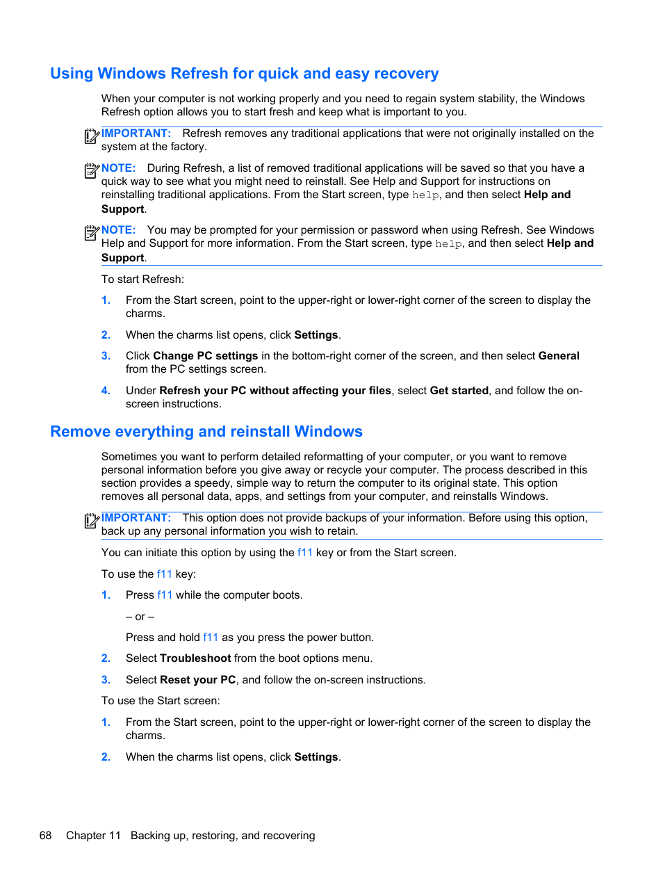 Using windows refresh for quick and easy recovery, Remove everything and reinstall windows | HP 455 Notebook-PC User Manual | Page 76 / 83