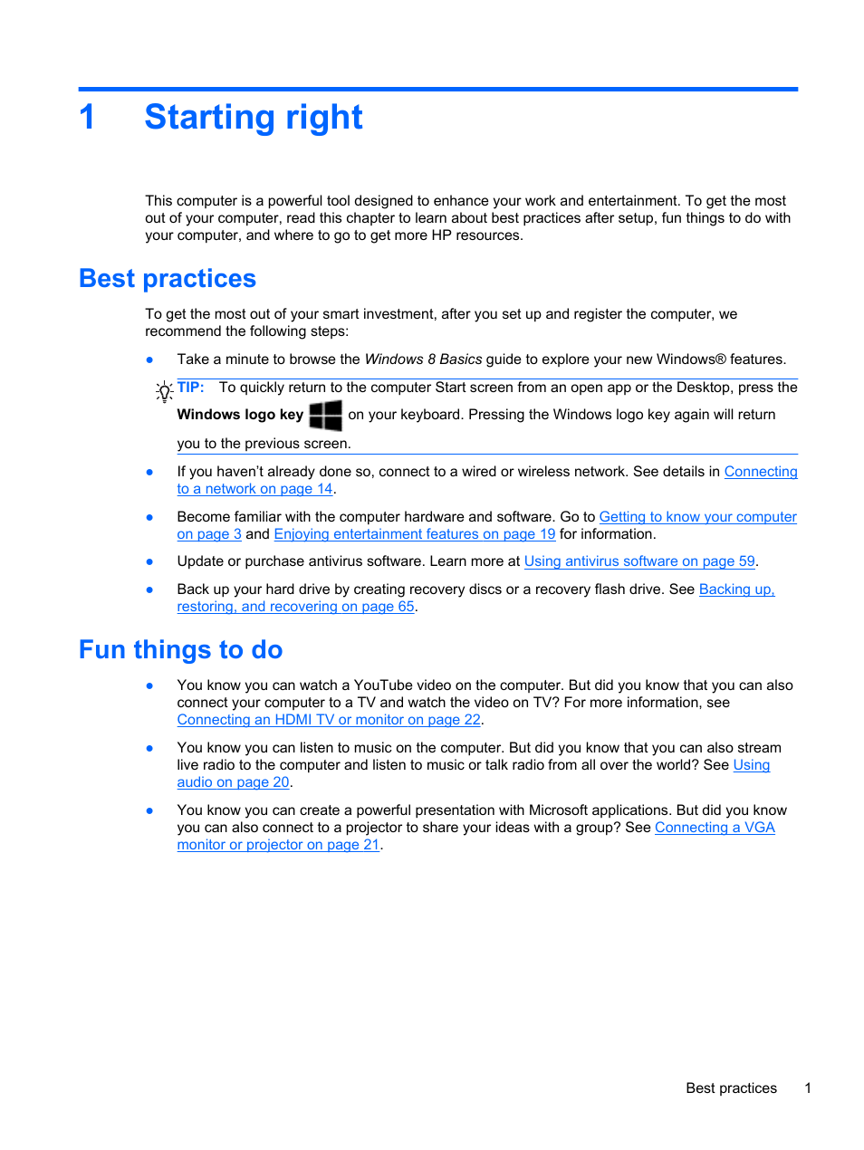 Starting right, Best practices, Fun things to do | 1 starting right, Best practices fun things to do, 1starting right | HP 455 Notebook-PC User Manual | Page 9 / 83