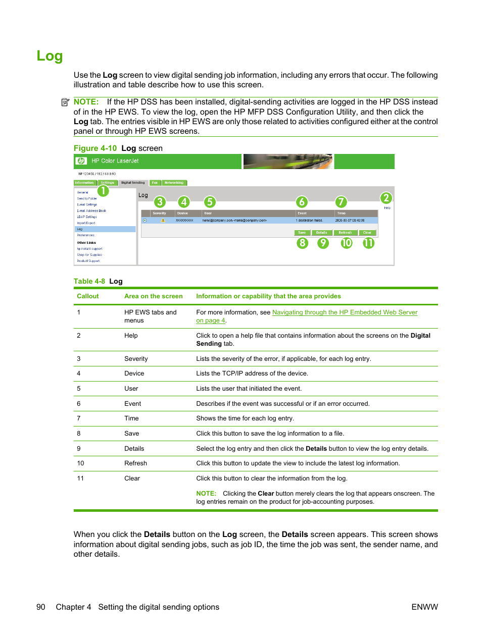 Table 4-8 log, Figure 4-10 log screen | HP Color LaserJet CM3530 Multifunction Printer series User Manual | Page 102 / 128