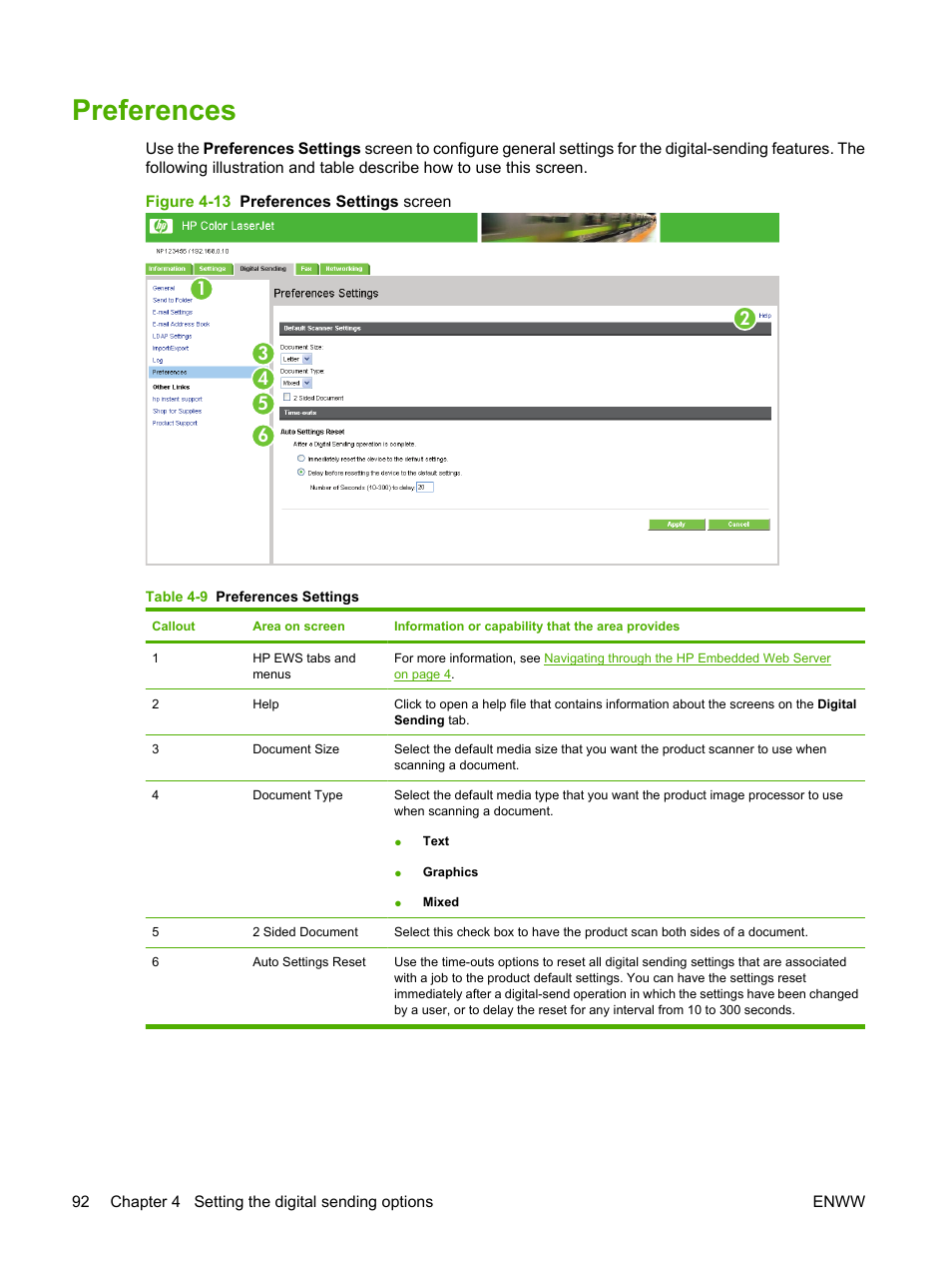 Preferences, Table 4-9 preferences settings, Figure 4-13 preferences settings screen | HP Color LaserJet CM3530 Multifunction Printer series User Manual | Page 104 / 128