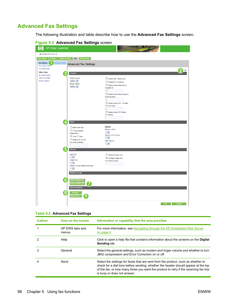 Advanced fax settings, Table 5-2 advanced fax settings, Figure 5-2 advanced fax settings screen | HP Color LaserJet CM3530 Multifunction Printer series User Manual | Page 110 / 128