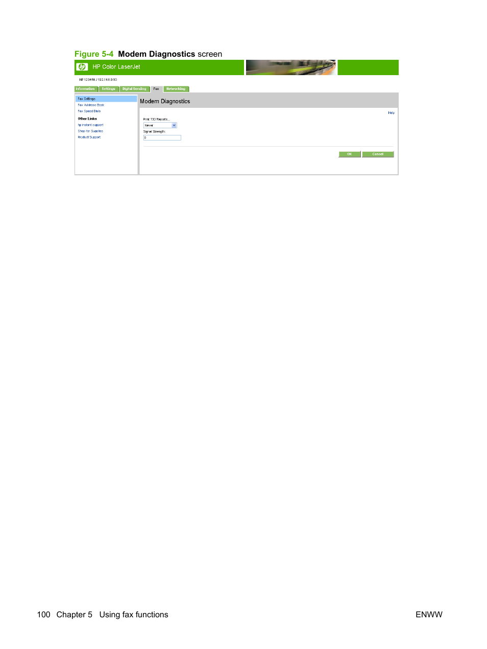 Figure 5-4 modem diagnostics screen | HP Color LaserJet CM3530 Multifunction Printer series User Manual | Page 112 / 128