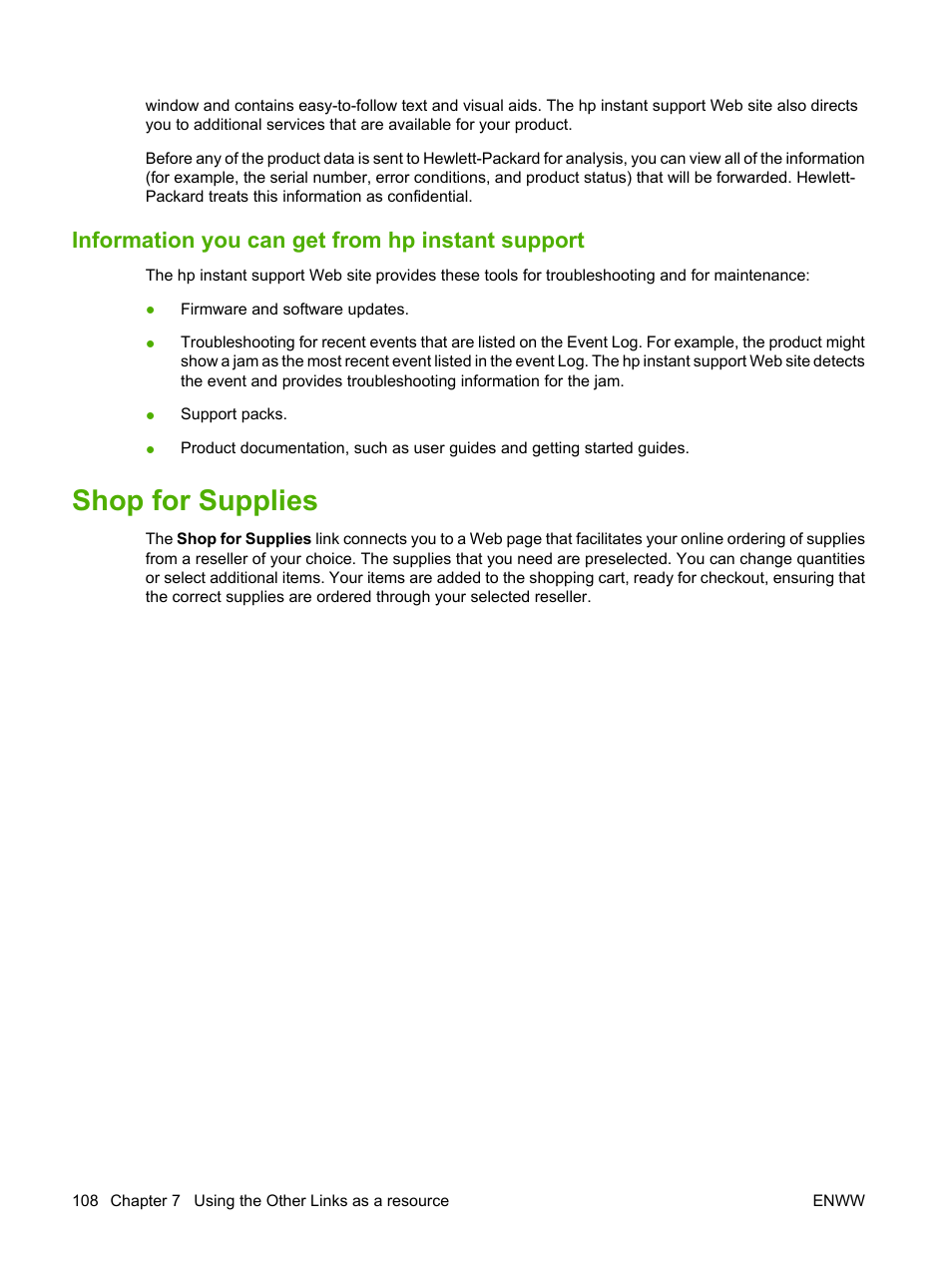 Information you can get from hp instant support, Shop for supplies | HP Color LaserJet CM3530 Multifunction Printer series User Manual | Page 120 / 128