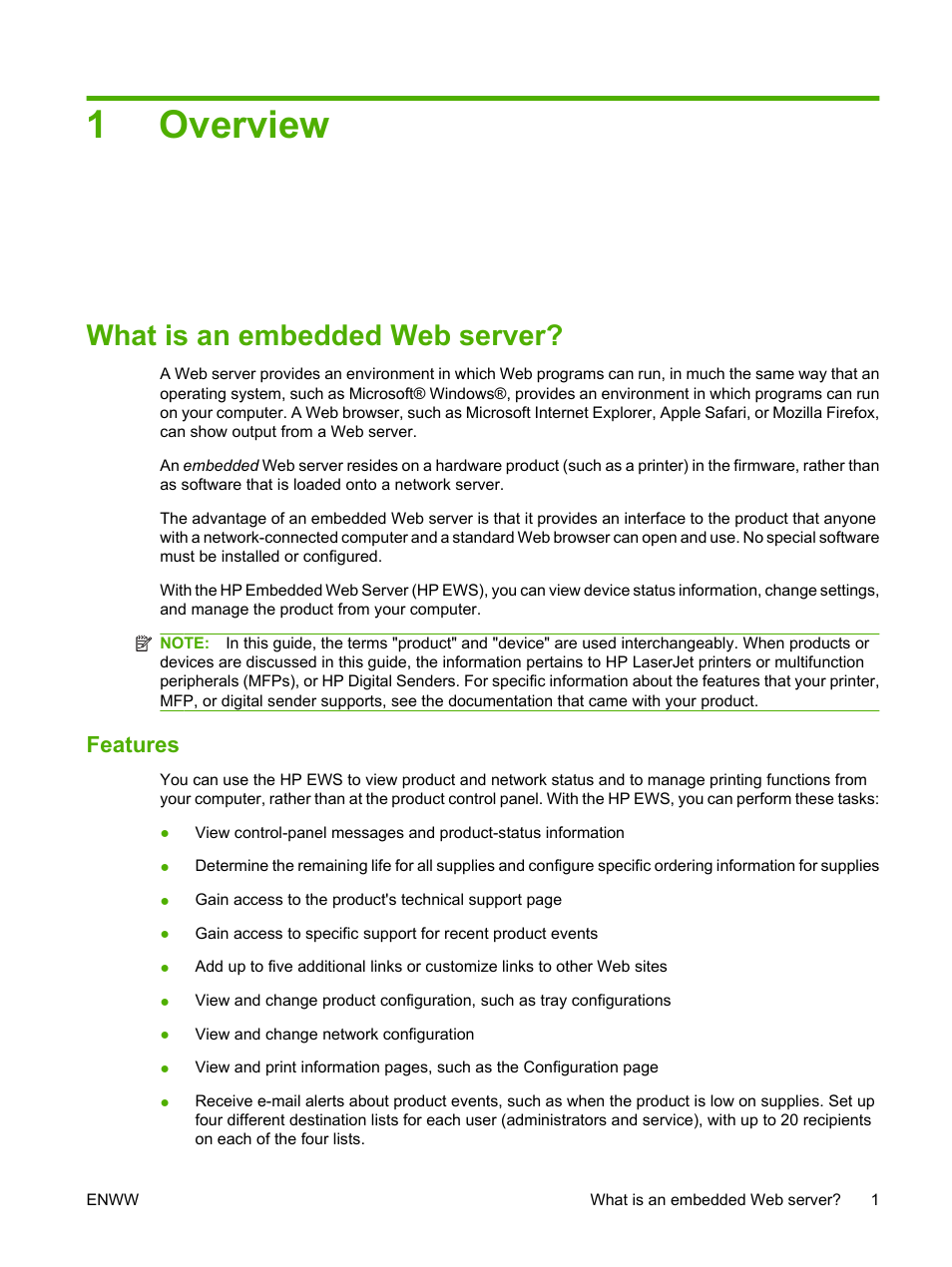 Overview, What is an embedded web server, Features | 1 overview, 1overview | HP Color LaserJet CM3530 Multifunction Printer series User Manual | Page 13 / 128