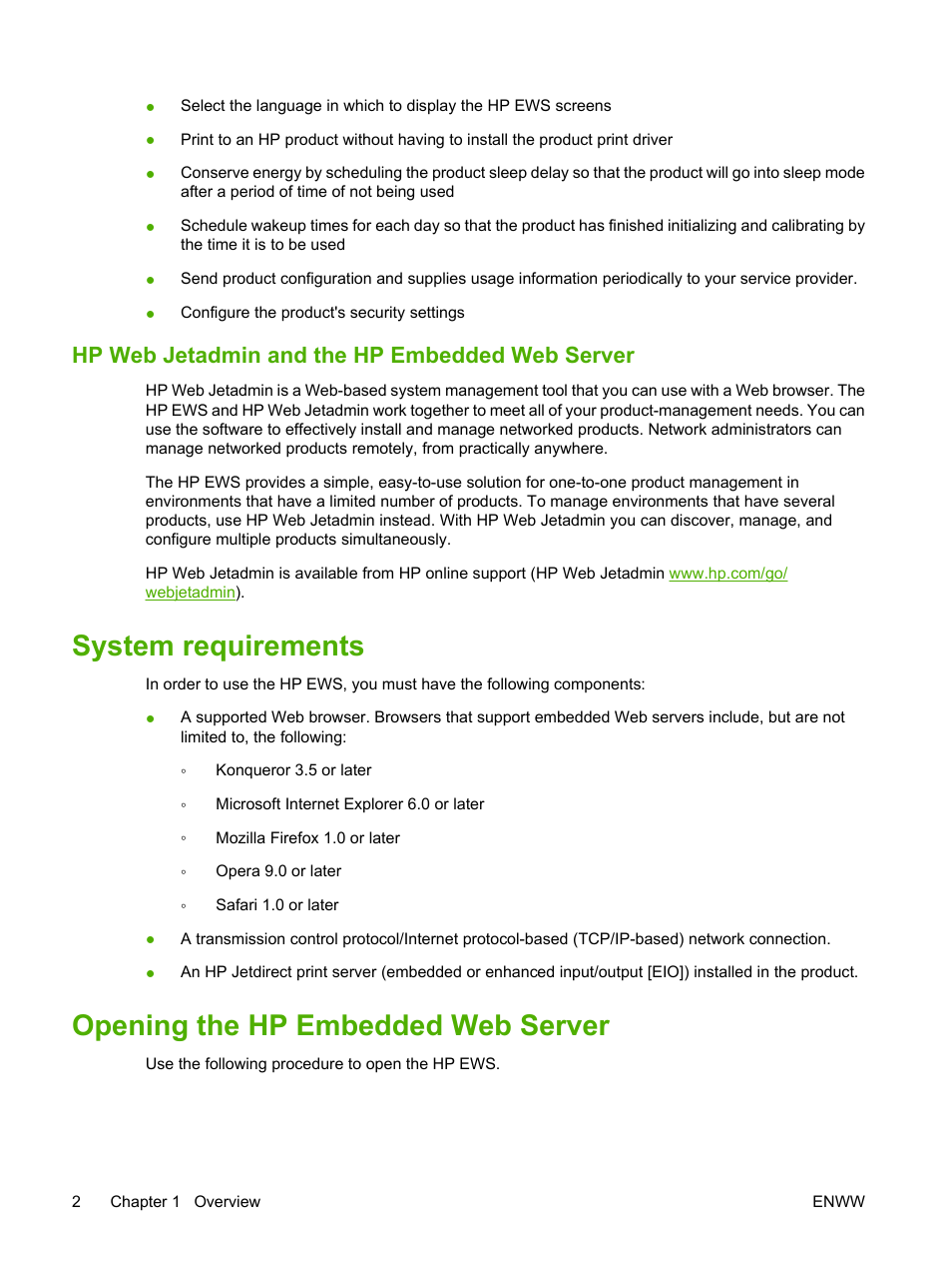 Hp web jetadmin and the hp embedded web server, System requirements, Opening the hp embedded web server | HP Color LaserJet CM3530 Multifunction Printer series User Manual | Page 14 / 128