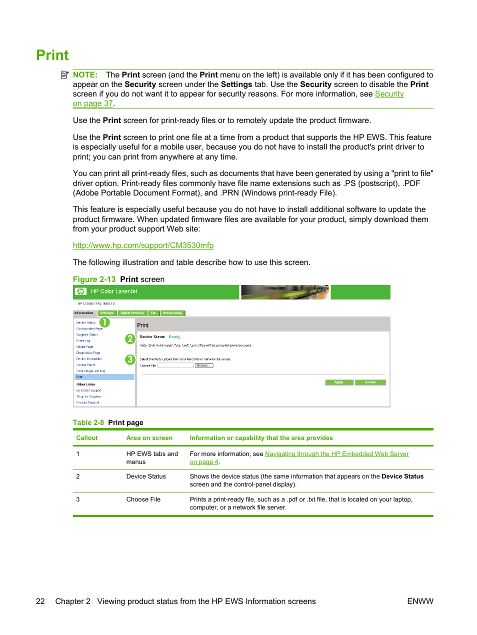 Print, Figure 2-13 print screen | HP Color LaserJet CM3530 Multifunction Printer series User Manual | Page 34 / 128