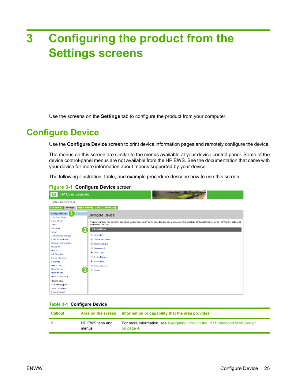 Configuring the product from the settings screens, Configure device, Table 3-1 configure device | Figure 3-1 configure device screen, Configuring the product from the, Configuring the product from, 3configuring the product from the settings screens | HP Color LaserJet CM3530 Multifunction Printer series User Manual | Page 37 / 128