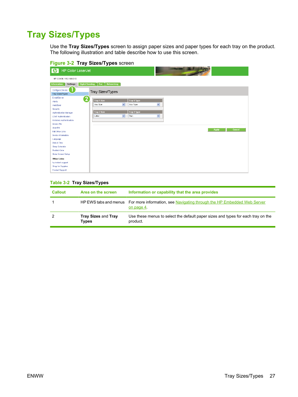 Tray sizes/types, Table 3-2 tray sizes/types, Figure 3-2 tray sizes/types screen | HP Color LaserJet CM3530 Multifunction Printer series User Manual | Page 39 / 128