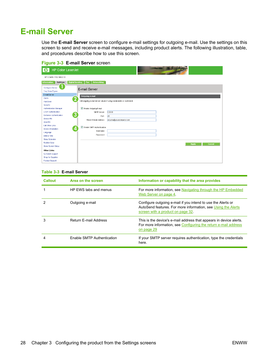 E-mail server, Table 3-3 e-mail server, Figure 3-3 e-mail server screen | HP Color LaserJet CM3530 Multifunction Printer series User Manual | Page 40 / 128