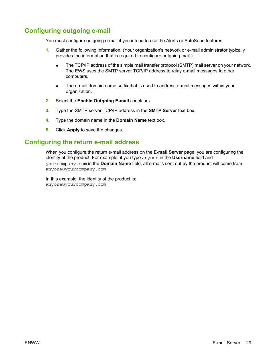 Configuring outgoing e-mail, Configuring the return e-mail address | HP Color LaserJet CM3530 Multifunction Printer series User Manual | Page 41 / 128