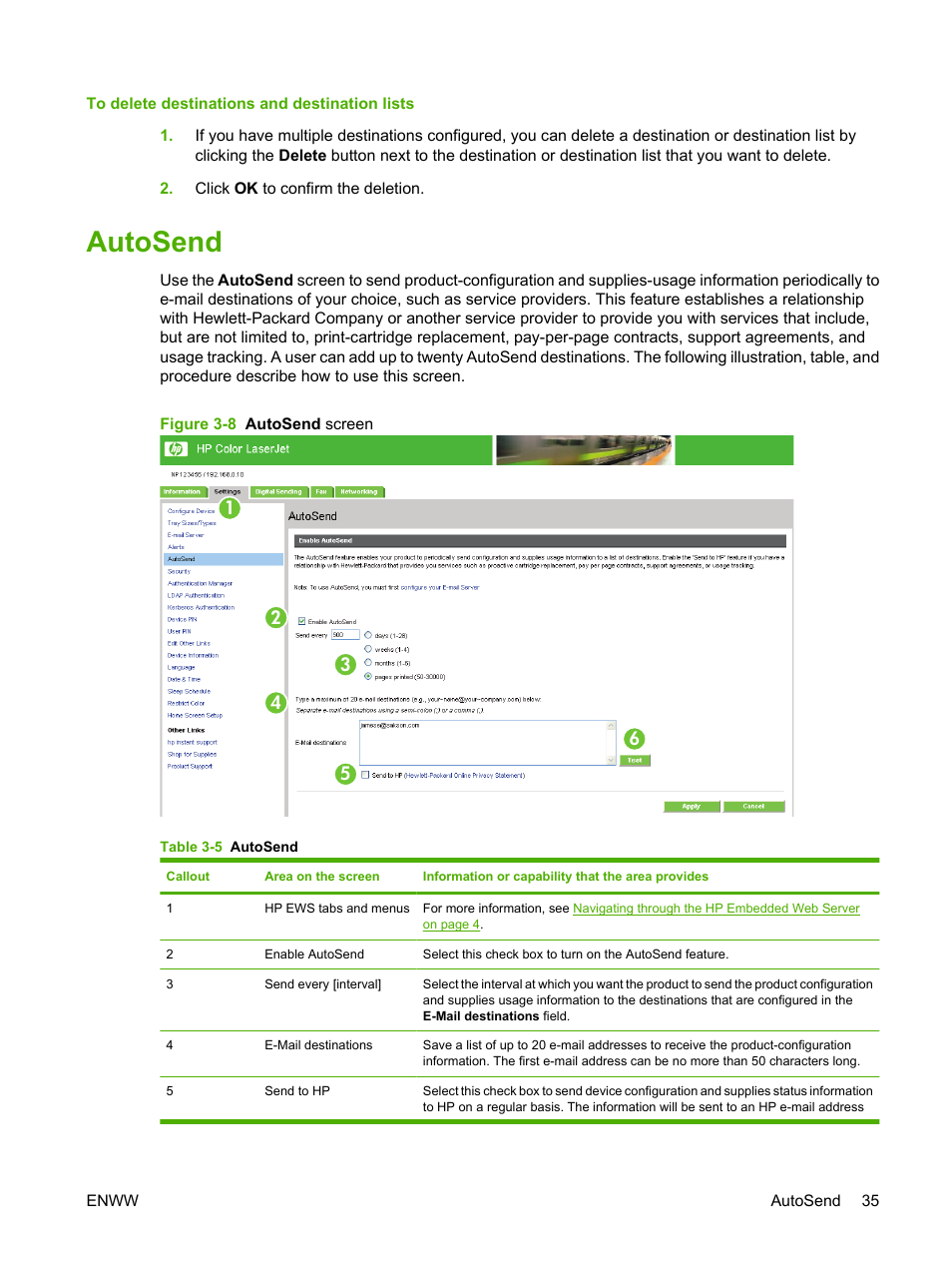 Autosend, Table 3-5 autosend, Figure 3-8 autosend screen | HP Color LaserJet CM3530 Multifunction Printer series User Manual | Page 47 / 128