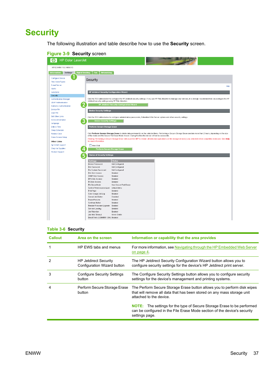 Security, Table 3-6 security, Figure 3-9 security screen | HP Color LaserJet CM3530 Multifunction Printer series User Manual | Page 49 / 128