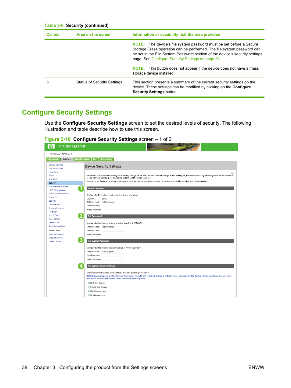 Configure security settings | HP Color LaserJet CM3530 Multifunction Printer series User Manual | Page 50 / 128