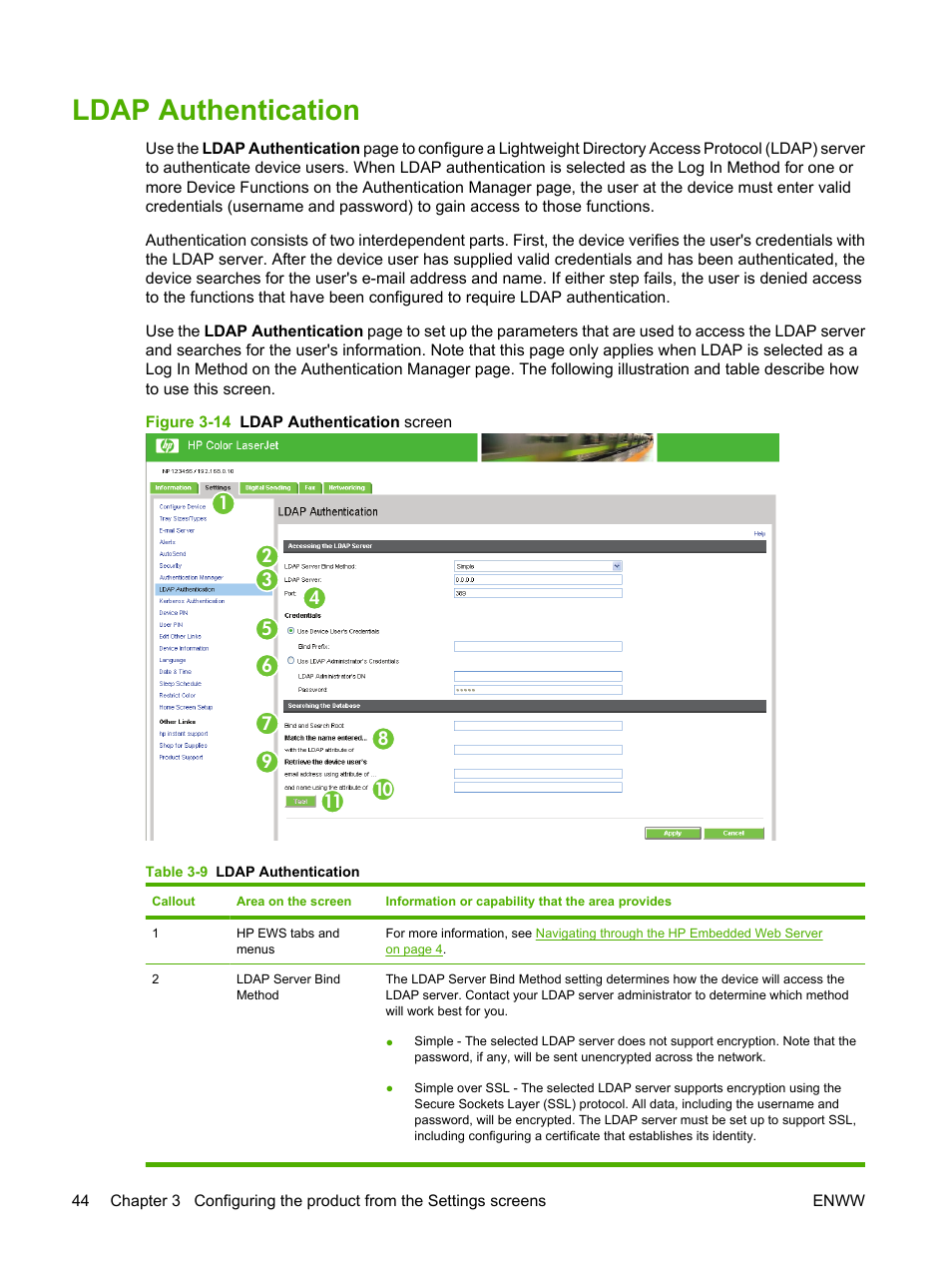 Ldap authentication, Table 3-9 ldap authentication, Figure 3-14 ldap authentication screen | HP Color LaserJet CM3530 Multifunction Printer series User Manual | Page 56 / 128